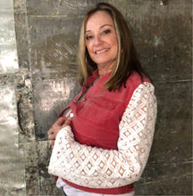 Load image into Gallery viewer, white lace + nantucket red denim jacket
