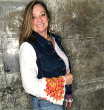 Load image into Gallery viewer, rag bottom blue + granny square denim jacket
