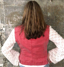 Load image into Gallery viewer, white lace + nantucket red denim jacket
