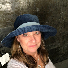 Load image into Gallery viewer, fun shades of blue denim reversible sun hat
