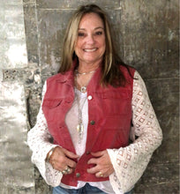 Load image into Gallery viewer, white lace + nantucket red denim jacket
