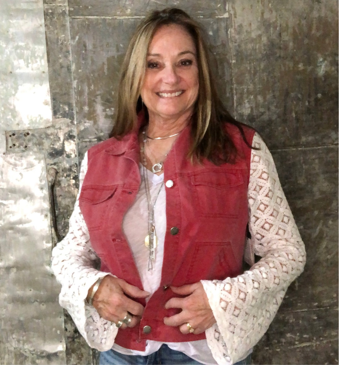 white lace + nantucket red denim jacket