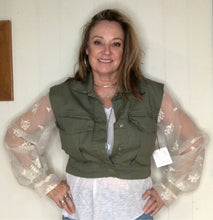 Load image into Gallery viewer, tough + tender cropped military denim jacket
