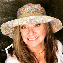 Load image into Gallery viewer, fun gray floral + gold embossed denim reversible sun hat
