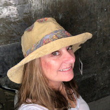 Load image into Gallery viewer, fun gray floral + gold embossed denim reversible sun hat
