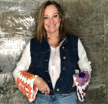 Load image into Gallery viewer, rag bottom blue + granny square denim jacket

