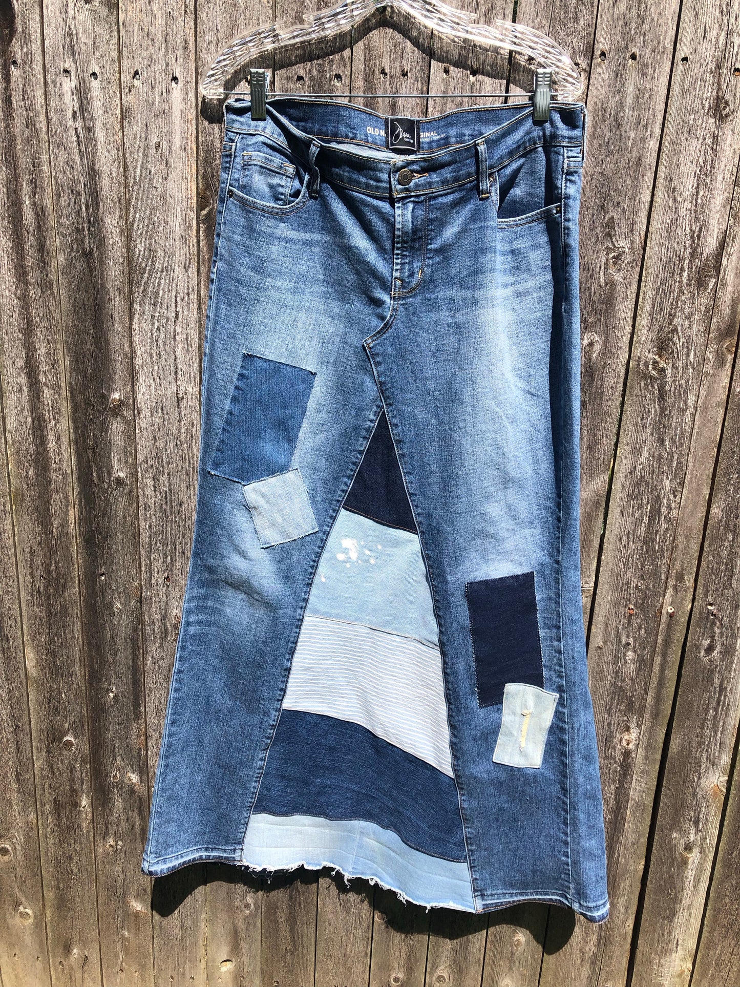 patch distressed denim maxi skirt, (size 30)