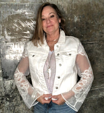 Load image into Gallery viewer, white lace + white denim jacket

