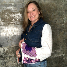 Load image into Gallery viewer, rag bottom blue + granny square denim jacket
