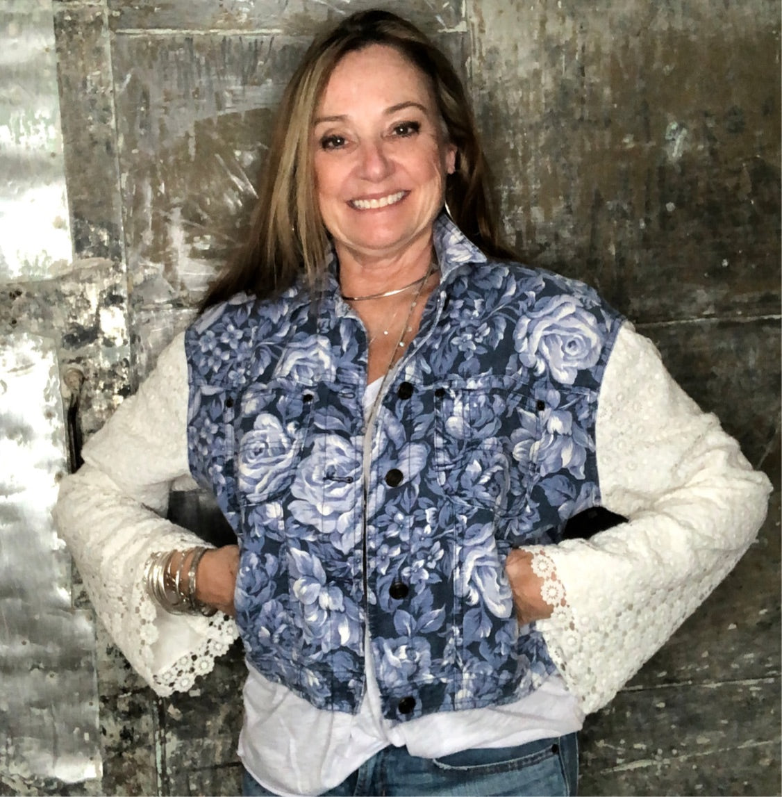 blue + white floral slouchy denim jacket