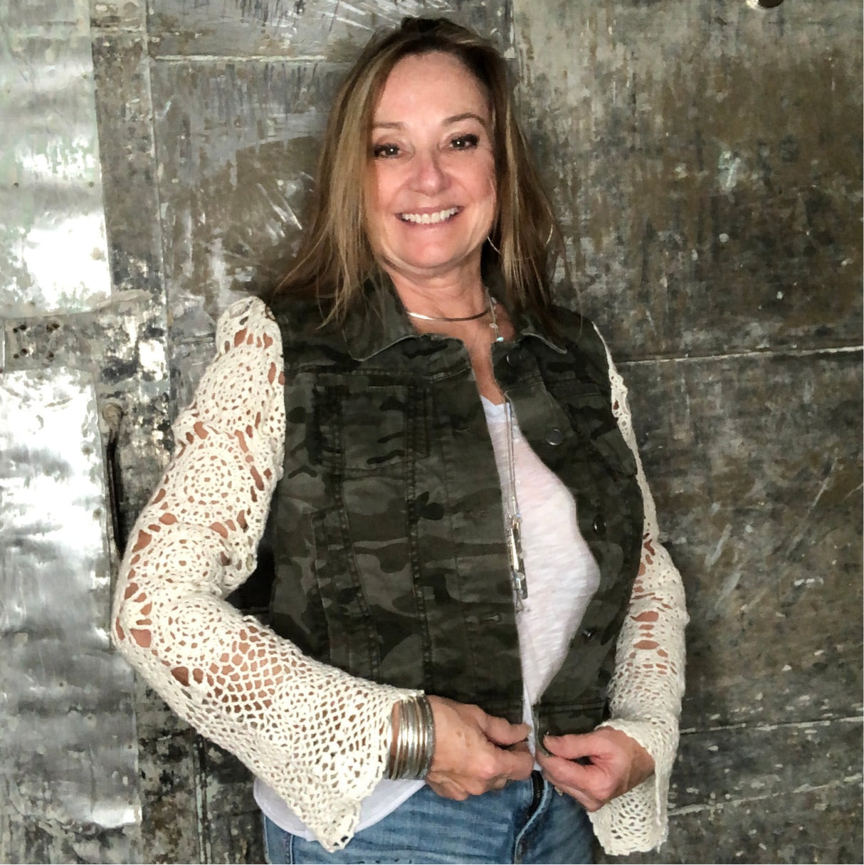 vintage crochet lace + subtle deep olive camo jacket