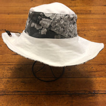 Load image into Gallery viewer, fun gray floral + white denim reversible sun hat
