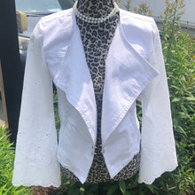 Load image into Gallery viewer, eyelet bells + feminine tailored white denim jacket
