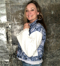 Load image into Gallery viewer, blue + white floral slouchy denim jacket
