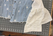 Load and play video in Gallery viewer, star embroidered denim jacket + floaty layered pompom bell sleeves
