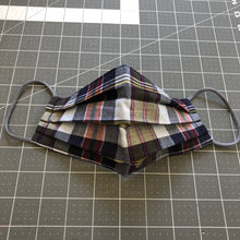 Load image into Gallery viewer, navy, white, taupe + cranberry plaid cotton face mask
