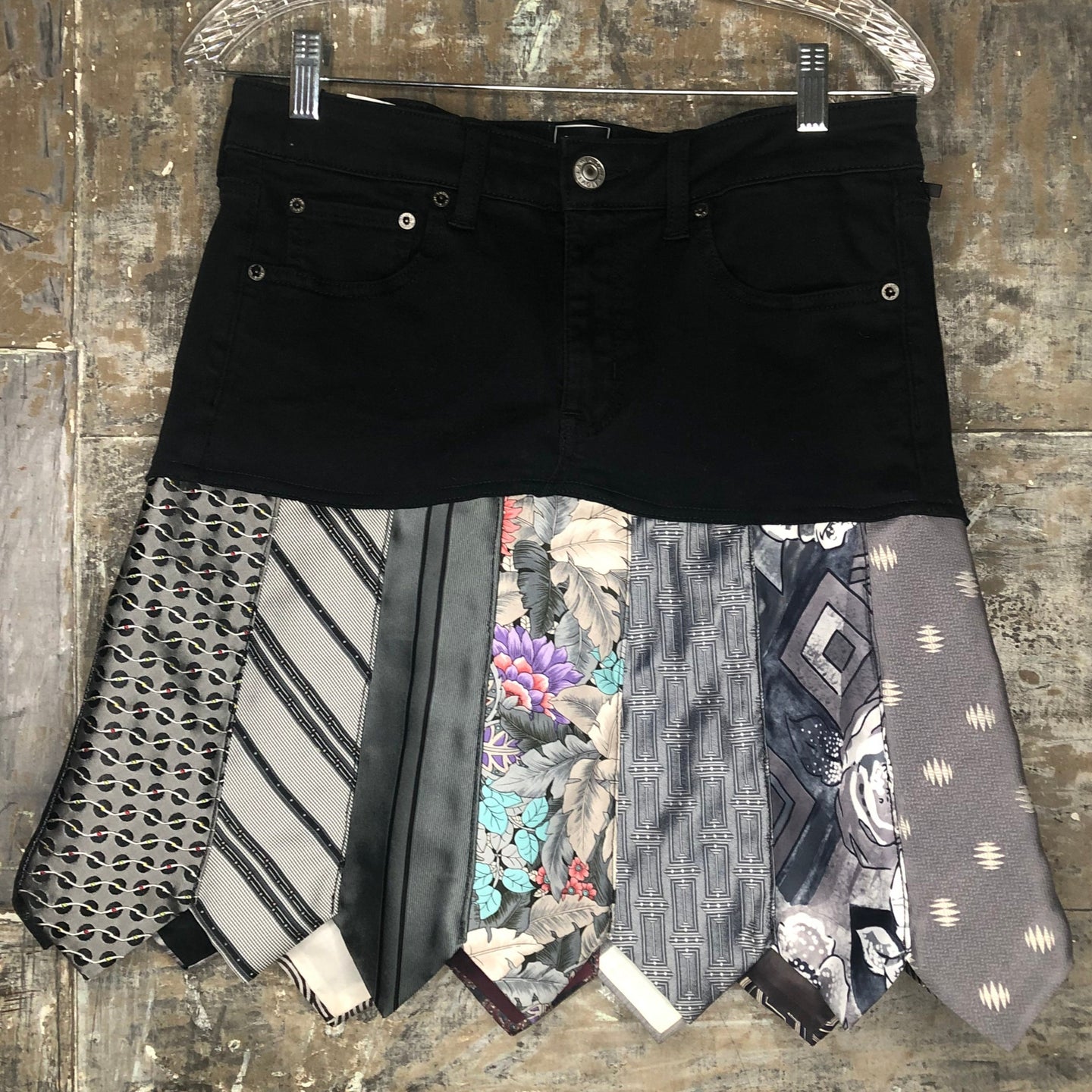 jet black denim + shades of grays tie skirt, (size 8)