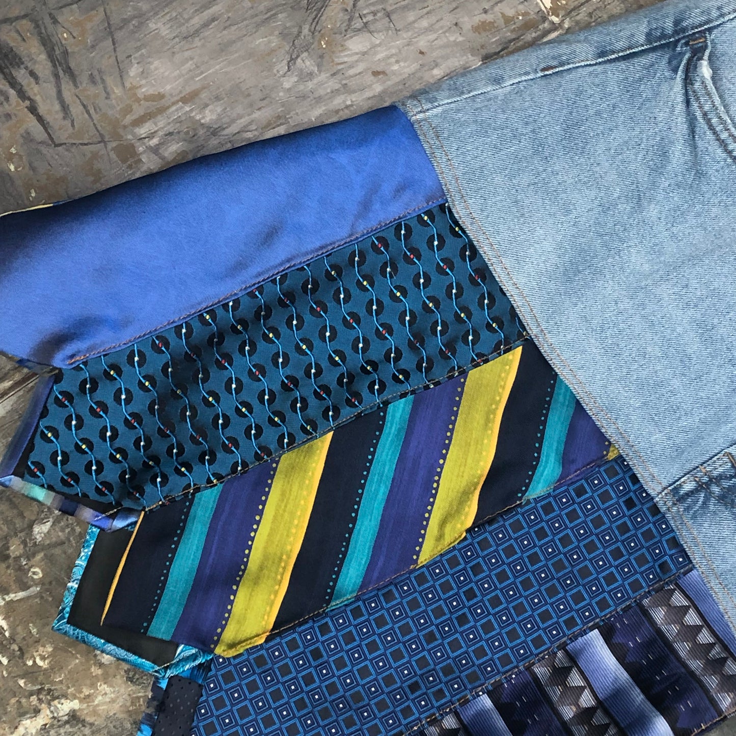 vibrant blues + distressed denim tie skirt (sized 10/12)