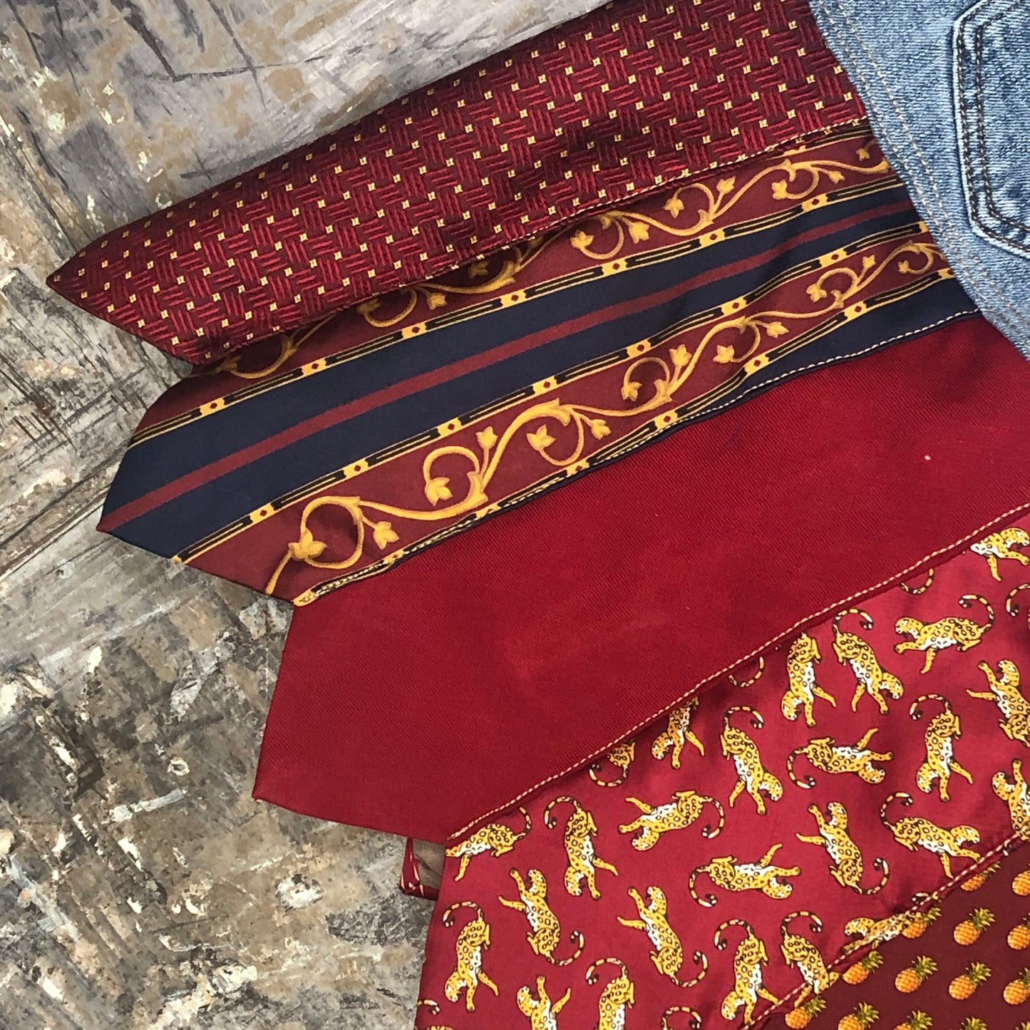 whiskered worn denim + golden reds tie skirt, (size 10)