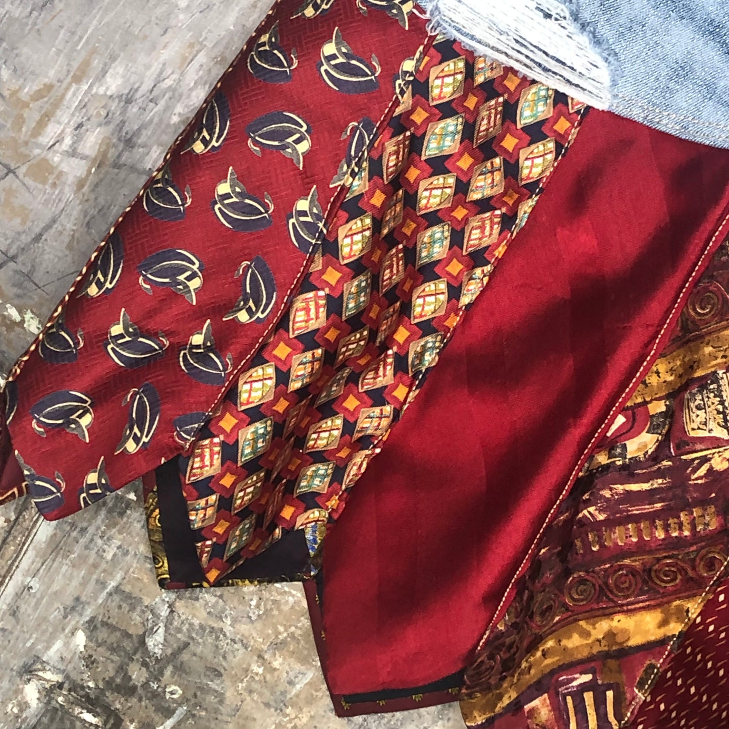 whiskered worn denim + golden reds tie skirt, (size 10)
