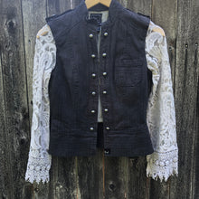 Load image into Gallery viewer, charcoal military denim + dove gray lace jacket
