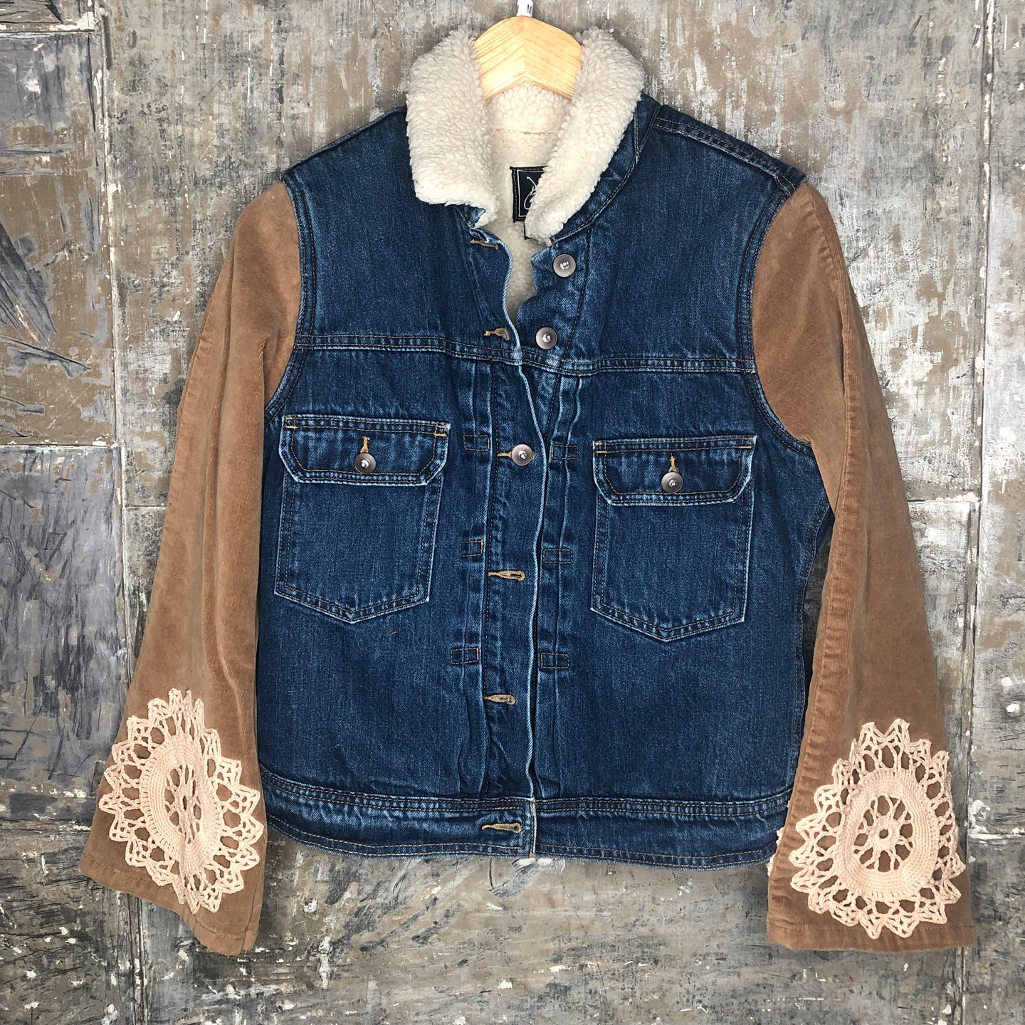 vintage sherpa lined + retro cord lace zip denim jacket