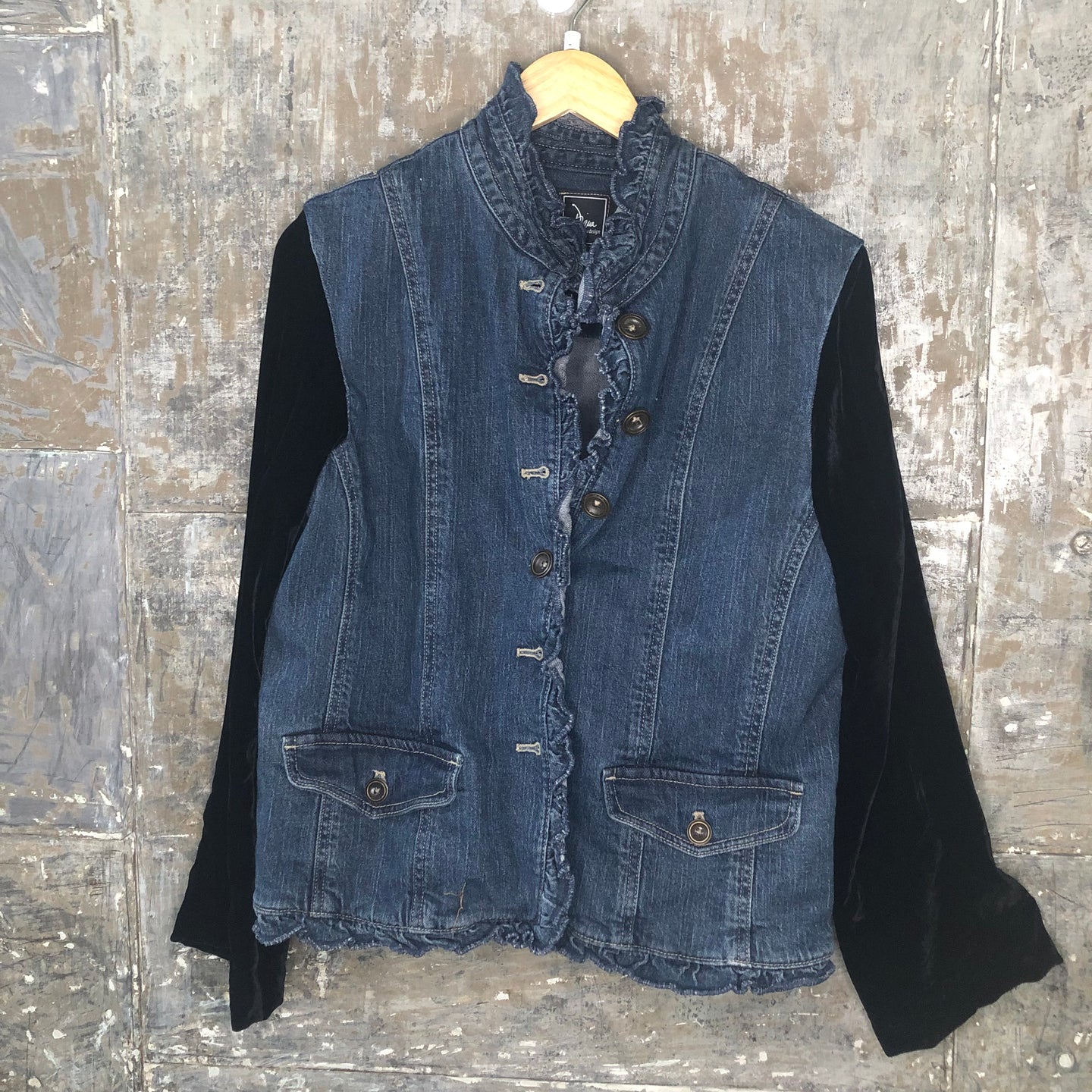 black velvet ruffled denim jacket