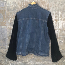 Load image into Gallery viewer, black velvet ruffled denim jacket
