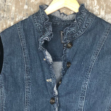 Load image into Gallery viewer, black velvet ruffled denim jacket
