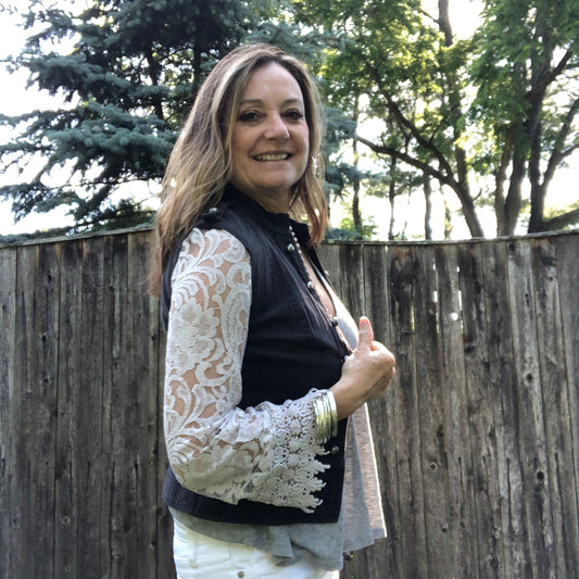 charcoal military denim + dove gray lace jacket