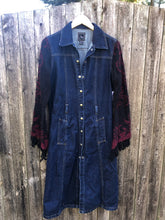 Load image into Gallery viewer, dark blue denim coat dress + black burgundy fringed sleeves
