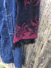 Load image into Gallery viewer, dark blue denim coat dress + black burgundy fringed sleeves
