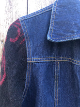 Load image into Gallery viewer, dark blue denim coat dress + black burgundy fringed sleeves
