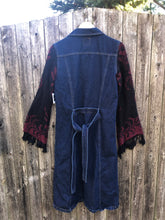 Load image into Gallery viewer, dark blue denim coat dress + black burgundy fringed sleeves
