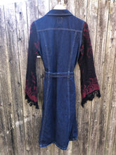 Load image into Gallery viewer, dark blue denim coat dress + black burgundy fringed sleeves
