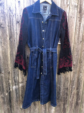 Load image into Gallery viewer, dark blue denim coat dress + black burgundy fringed sleeves
