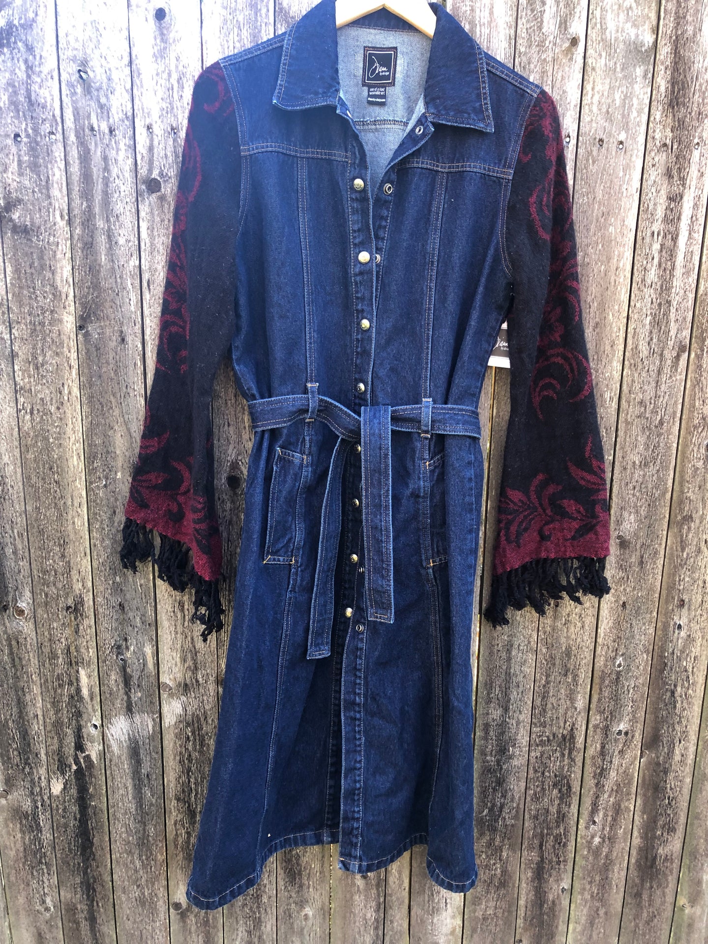 dark blue denim coat dress + black burgundy fringed sleeves