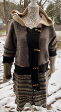 Load image into Gallery viewer, shades of tan + blue felted toggled cardigan coat
