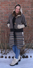 Load image into Gallery viewer, shades of tan + blue felted toggled cardigan coat
