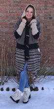 Load image into Gallery viewer, shades of tan + blue felted toggled cardigan coat
