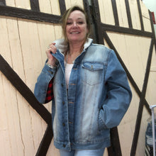 Load image into Gallery viewer, men&#39;s distressed sherpa denim + red black check insets
