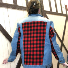 Load image into Gallery viewer, men&#39;s distressed sherpa denim + red black check insets
