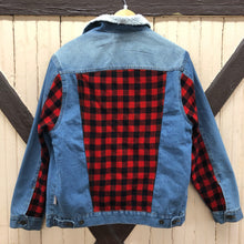 Load image into Gallery viewer, men&#39;s distressed sherpa denim + red black check insets
