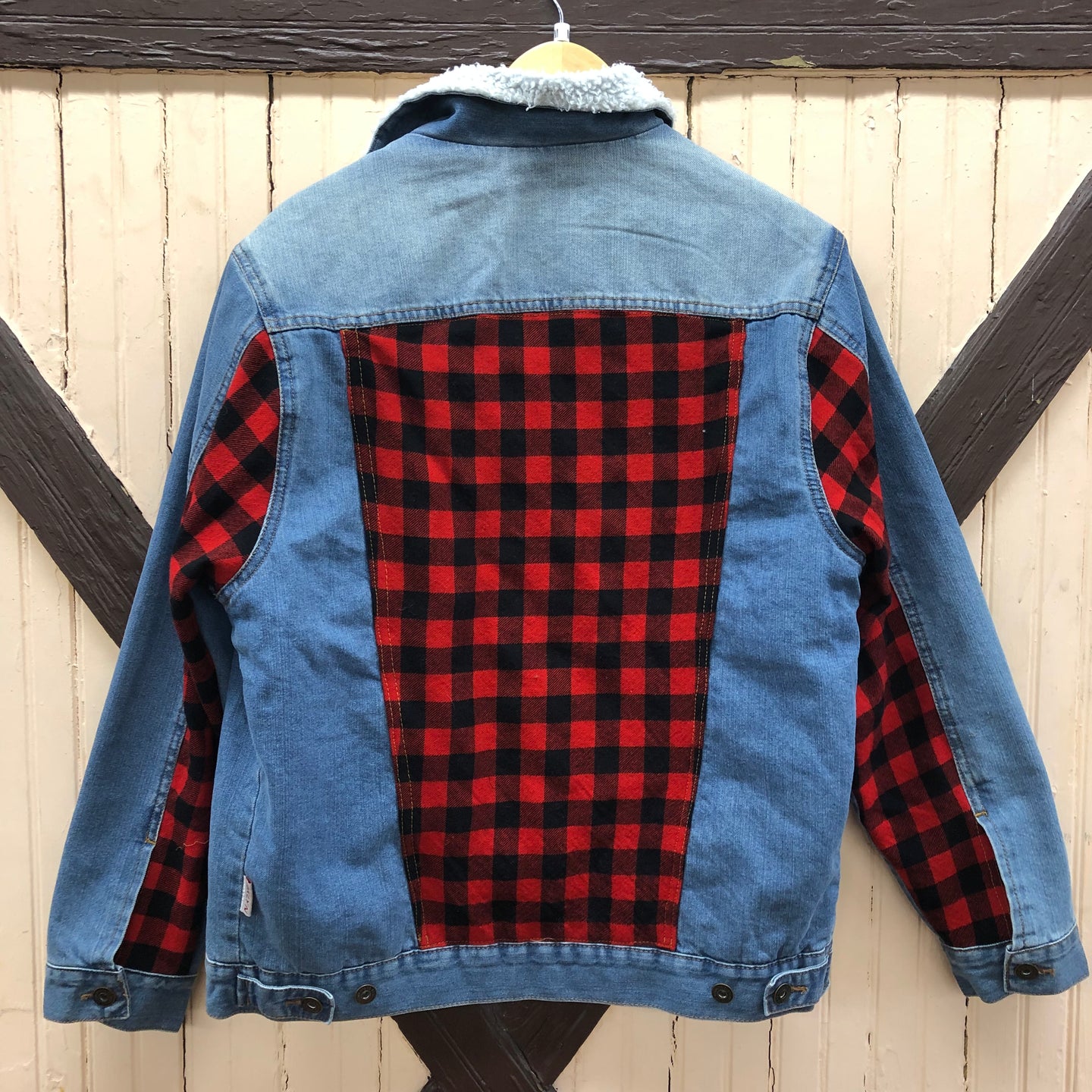 men's distressed sherpa denim + red black check insets