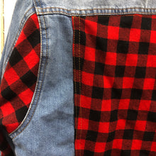 Load image into Gallery viewer, men&#39;s distressed sherpa denim + red black check insets
