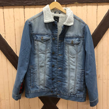 Load image into Gallery viewer, men&#39;s distressed sherpa denim + red black check insets
