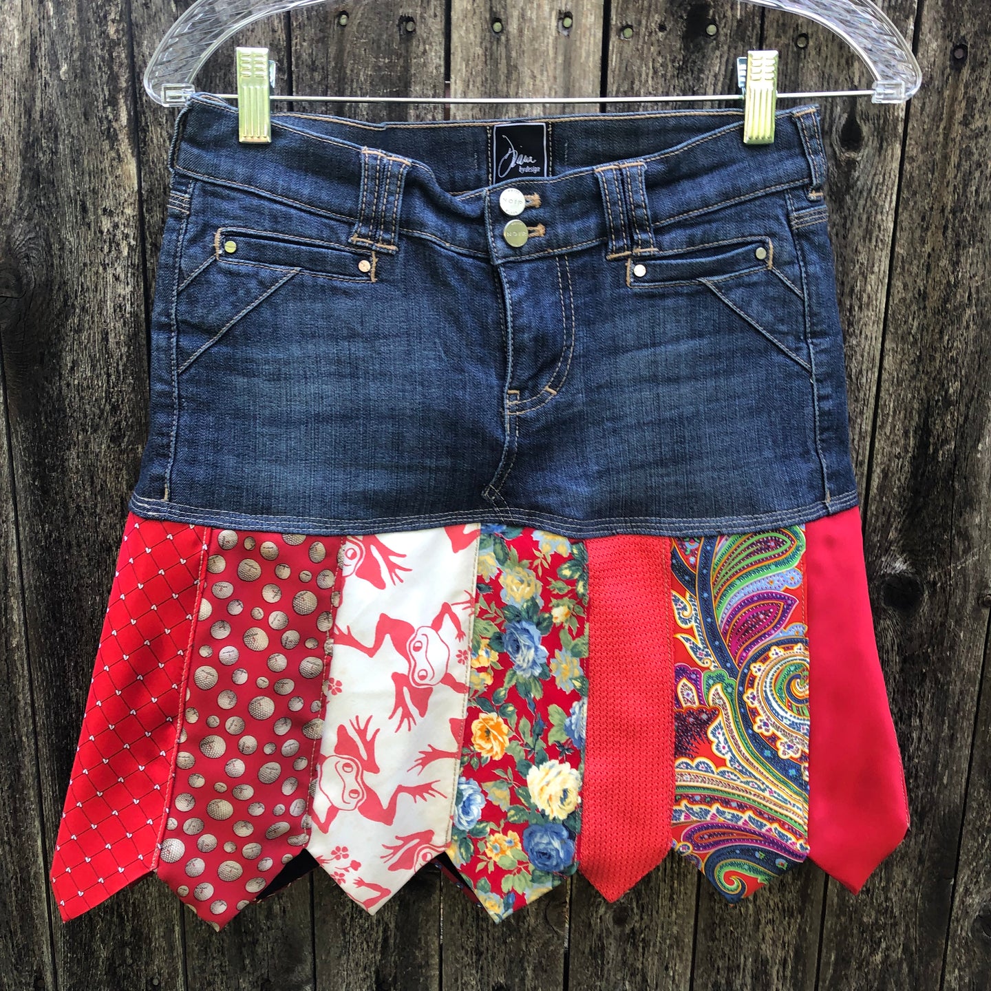 hot reds jumping frogs denim + tie skirt, (size 0/2)