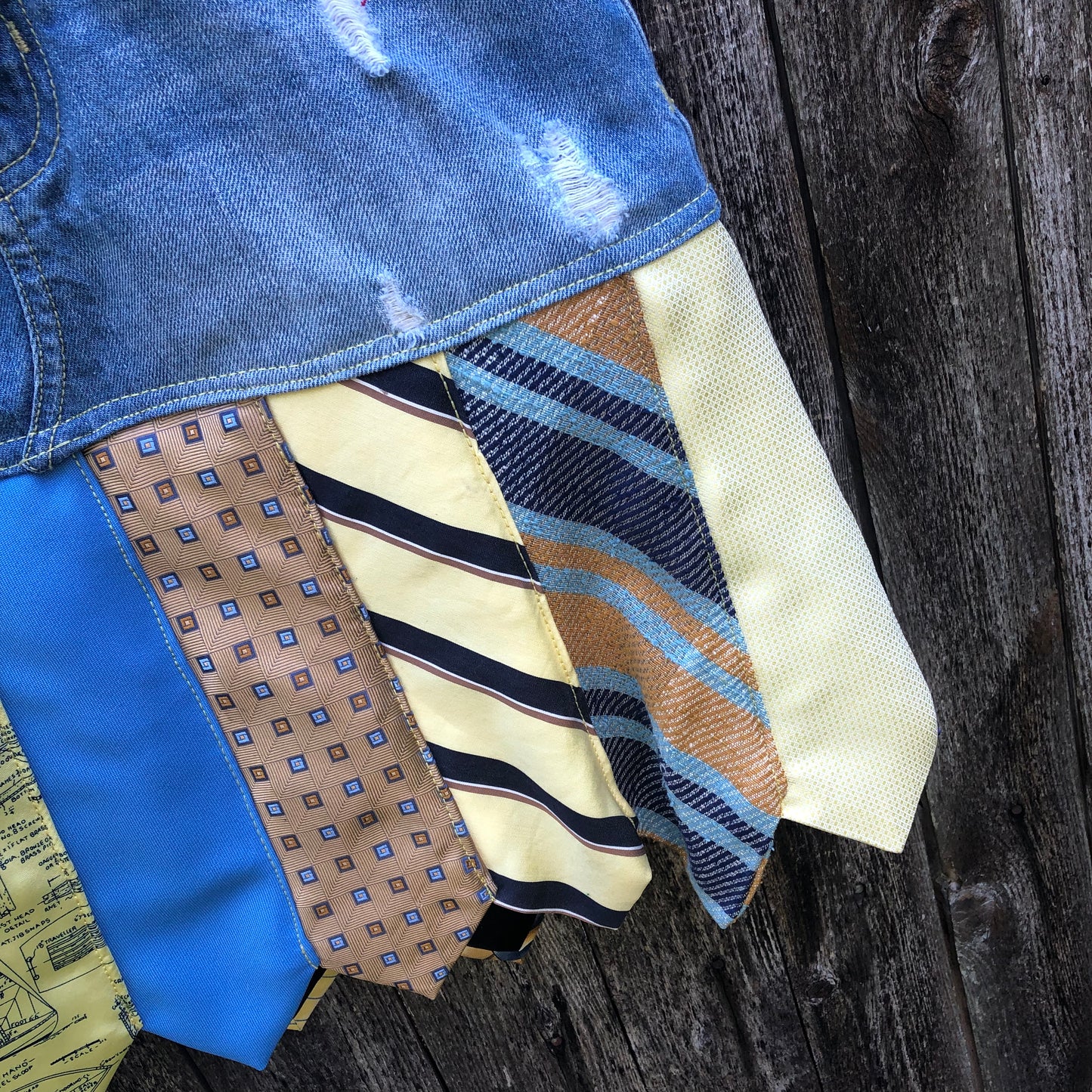 distressed denim + blue yellow sailing tie skirt, (size 1)