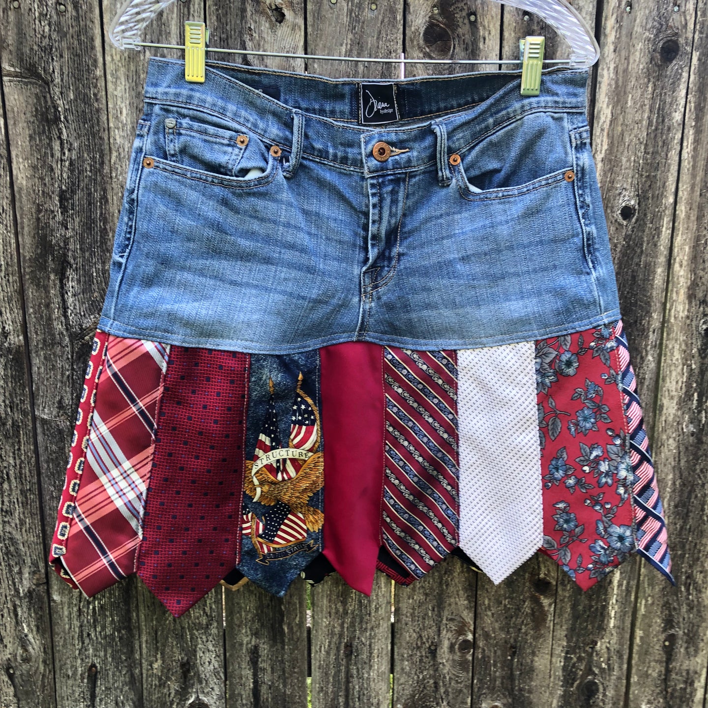 patriotic designer denim + tie skirt, (size 6/28)