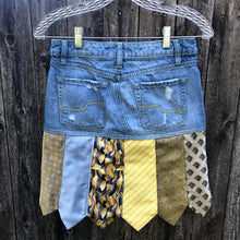 Load image into Gallery viewer, distressed denim + blue yellow sailing tie skirt, (size 1)
